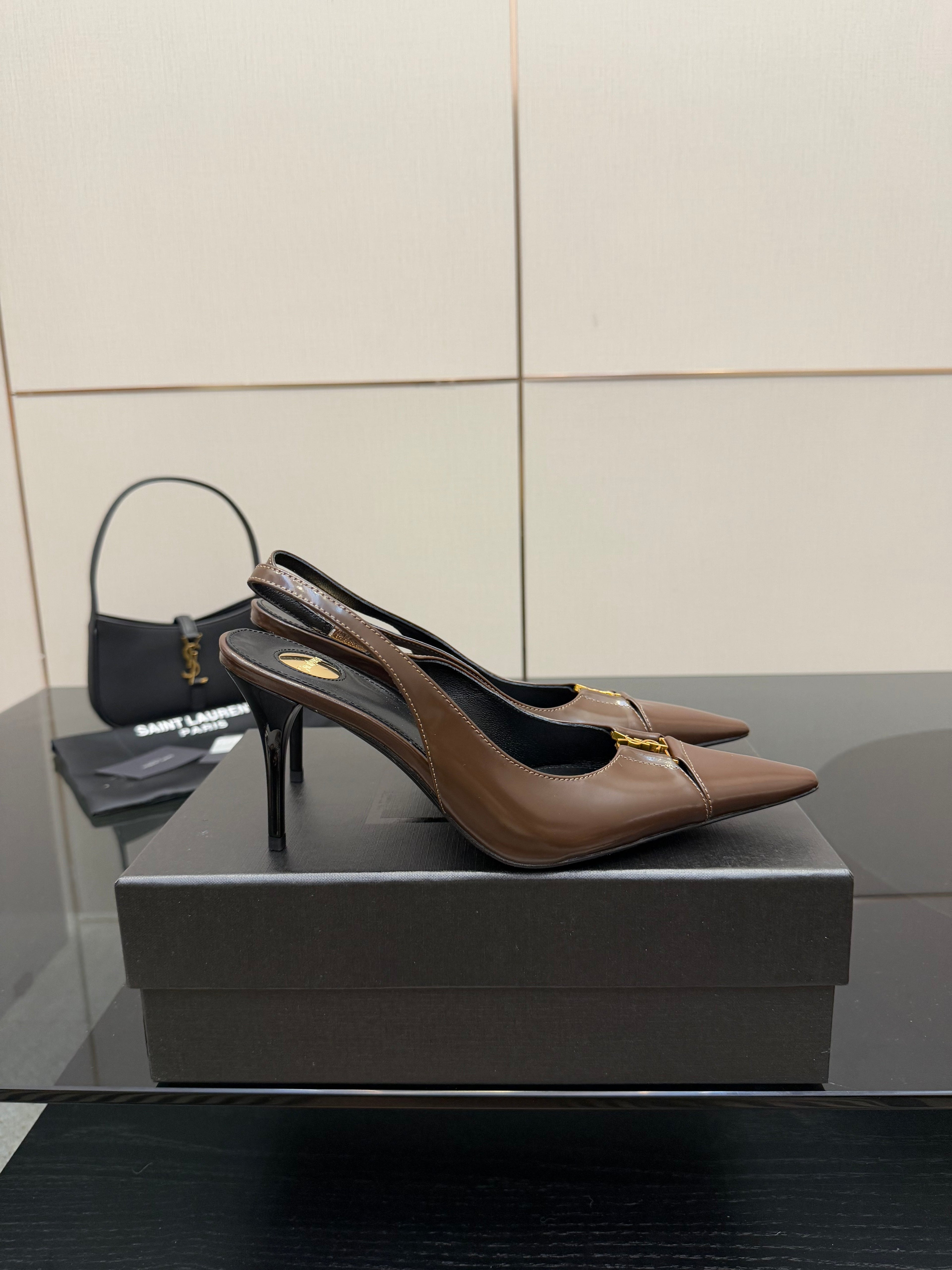 YSL 25S SLINGBACK HIGH HEELS 90 MM IN CHOCOLATE BROWN LAMBSKIN WITH GOLD HARDWARE STYLE 7