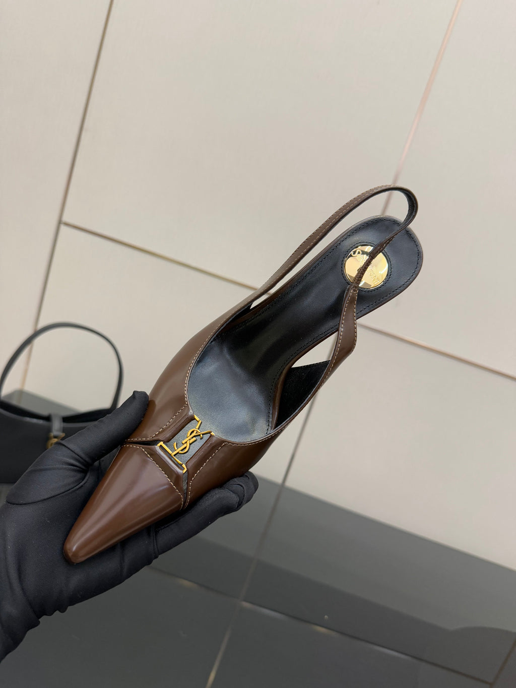 YSL 25S SLINGBACK HIGH HEELS 90 MM IN CHOCOLATE BROWN LAMBSKIN WITH GOLD HARDWARE STYLE 7
