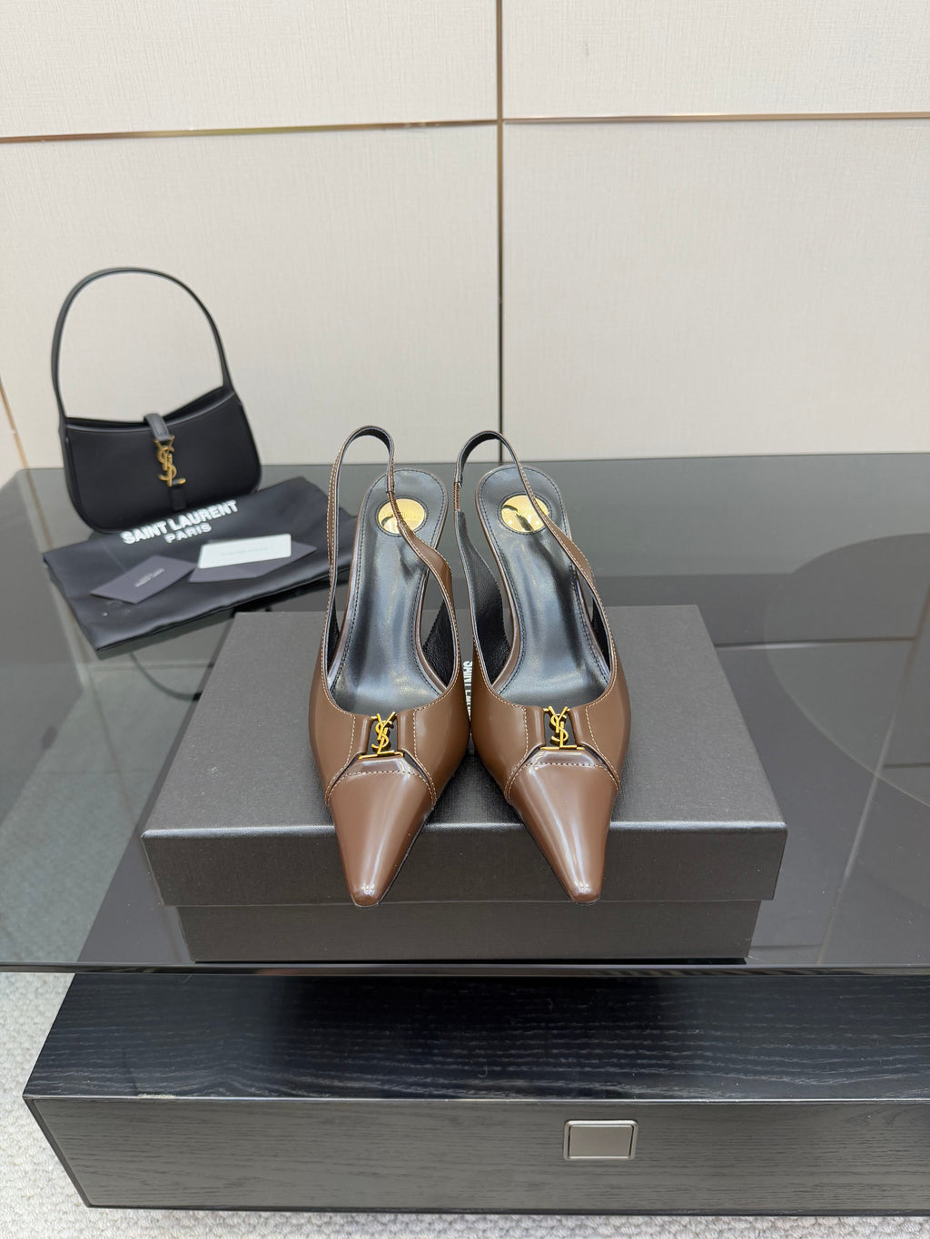 YSL 25S SLINGBACK HIGH HEELS 90 MM IN CHOCOLATE BROWN LAMBSKIN WITH GOLD HARDWARE STYLE 7