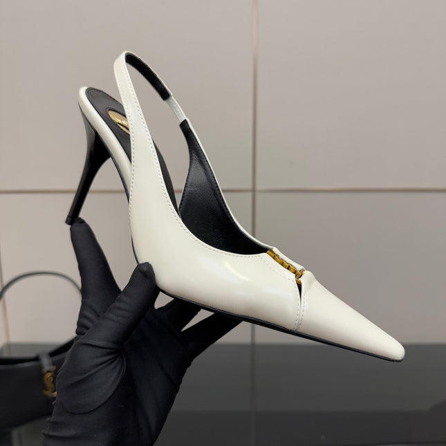 YSL 25S SLINGBACK HIGH HEELS 90 MM IN WHITE LAMBSKIN WITH GOLD HARDWARE STYLE 6