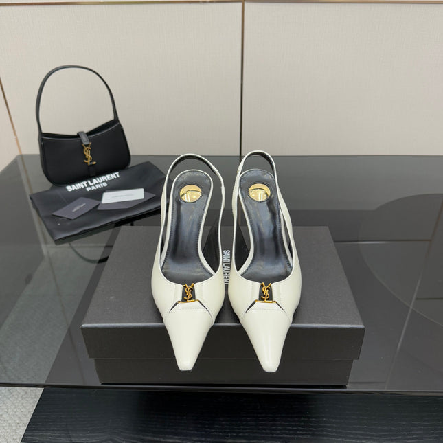 YSL 25S SLINGBACK HIGH HEELS 90 MM IN WHITE LAMBSKIN WITH GOLD HARDWARE STYLE 6