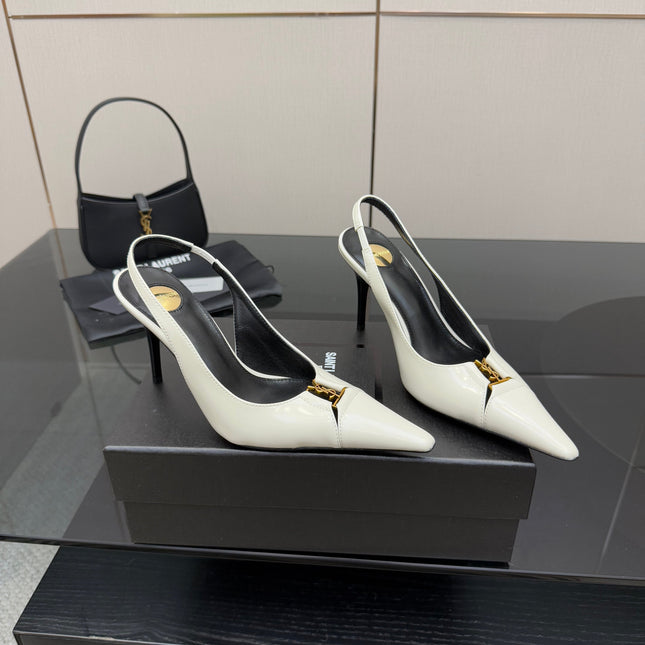 YSL 25S SLINGBACK HIGH HEELS 90 MM IN WHITE LAMBSKIN WITH GOLD HARDWARE STYLE 6