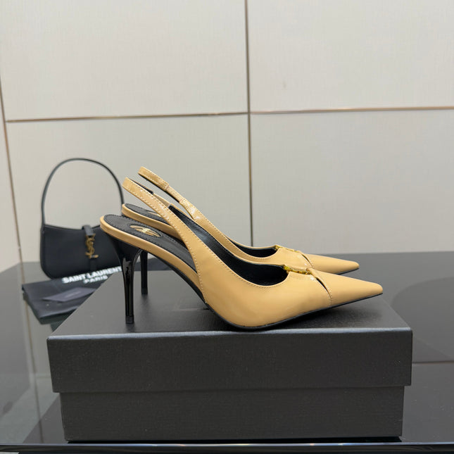 YSL 25S SLINGBACK HIGH HEELS 90 MM IN DARK BEIGE LAMBSKIN WITH GOLD HARDWARE STYLE 5