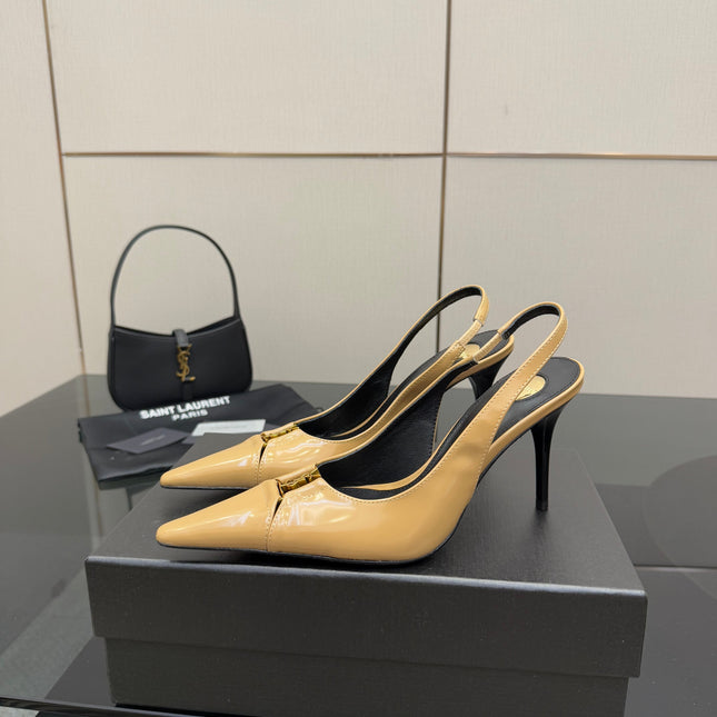 YSL 25S SLINGBACK HIGH HEELS 90 MM IN DARK BEIGE LAMBSKIN WITH GOLD HARDWARE STYLE 5