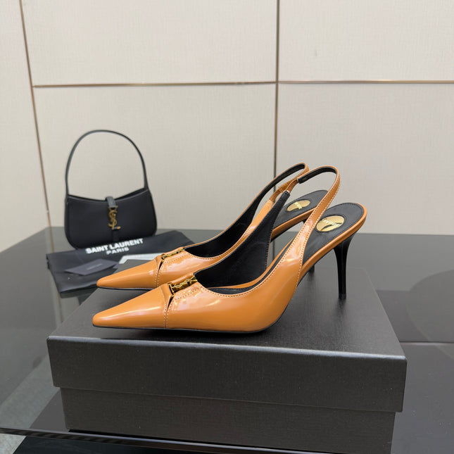 YSL 25S SLINGBACK HIGH HEELS 90 MM IN DARK ORANGE LAMBSKIN WITH GOLD HARDWARE STYLE 4