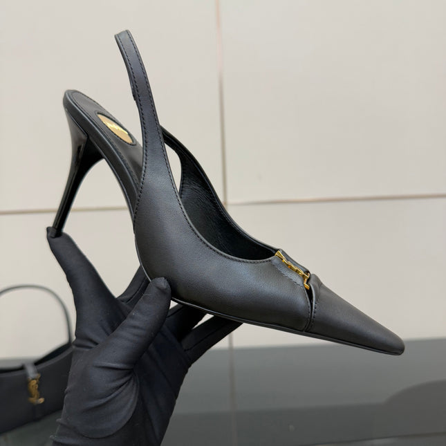 YSL 25S SLINGBACK HIGH HEELS 90 MM IN BLACK SMOOTH LAMBSKIN WITH GOLD HARDWARE STYLE 3