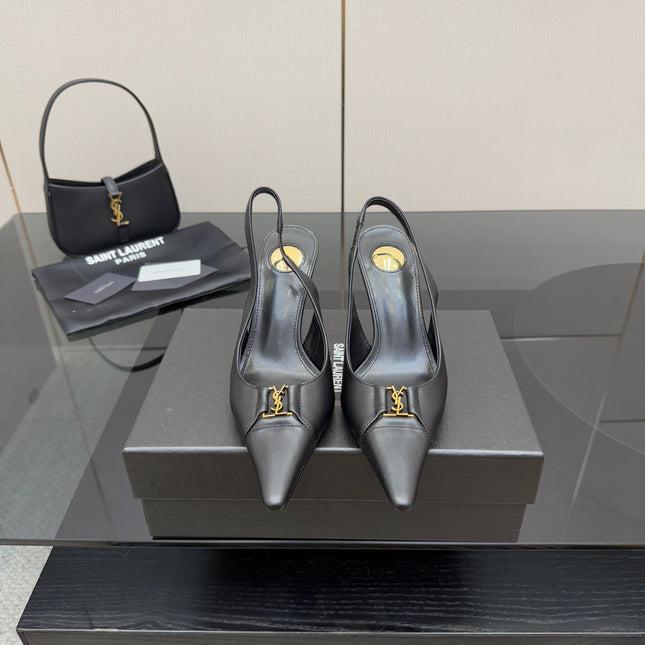YSL 25S SLINGBACK HIGH HEELS 90 MM IN BLACK SMOOTH LAMBSKIN WITH GOLD HARDWARE STYLE 3