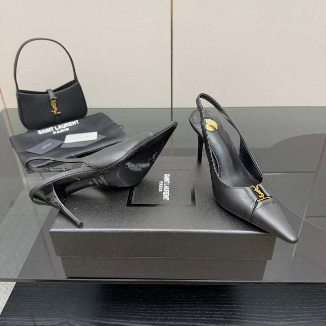 YSL 25S SLINGBACK HIGH HEELS 90 MM IN BLACK SMOOTH LAMBSKIN WITH GOLD HARDWARE STYLE 3