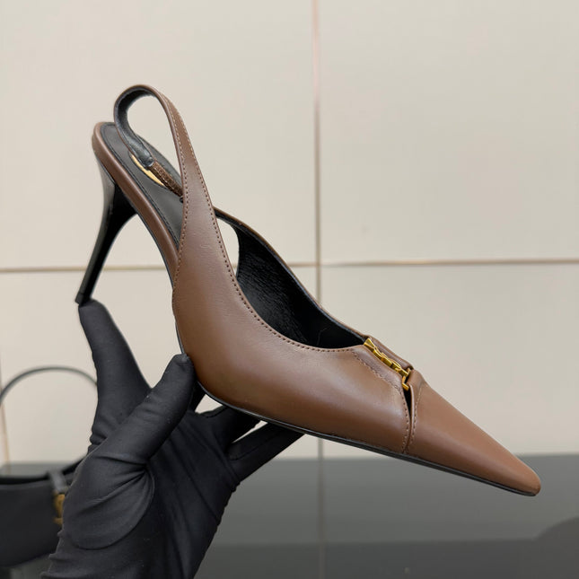 YSL 25S SLINGBACK HIGH HEELS 90 MM IN CHESTNUT BROWN LAMBSKIN WITH GOLD HARDWARE STYLE 1