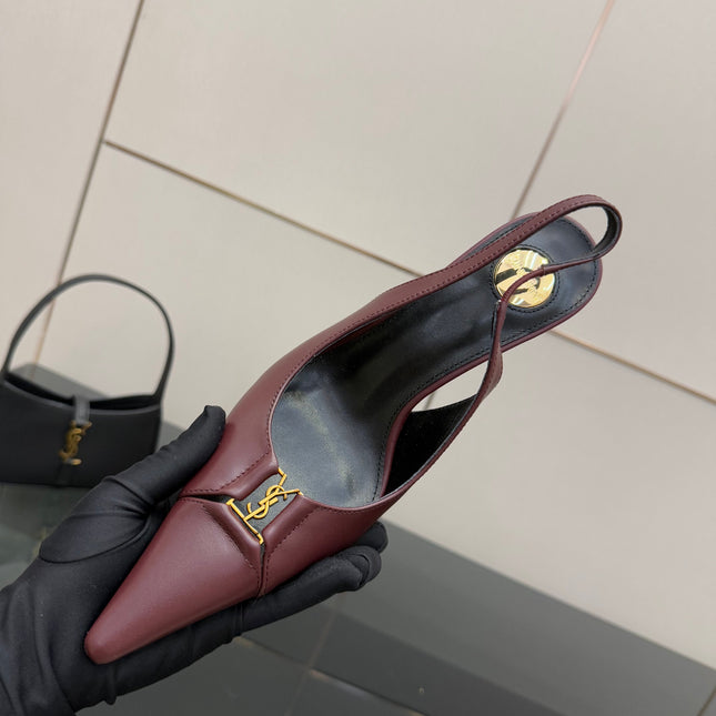 YSL 25S SLINGBACK HIGH HEELS 90 MM IN DARK RED LAMBSKIN WITH GOLD HARDWARE STYLE 2