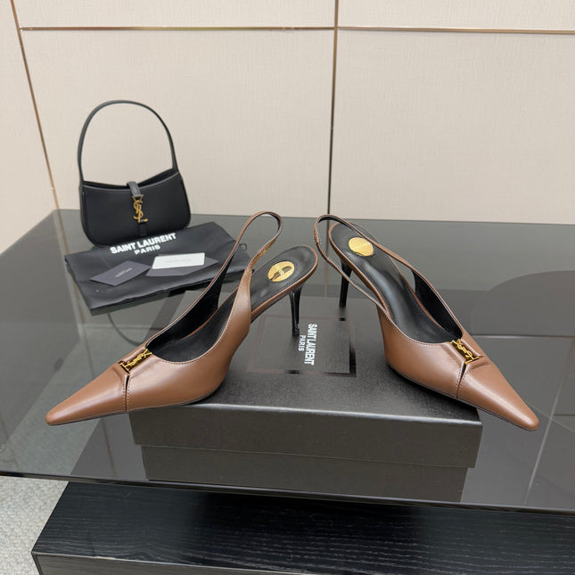 YSL 25S SLINGBACK HIGH HEELS 90 MM IN CHESTNUT BROWN LAMBSKIN WITH GOLD HARDWARE STYLE 1
