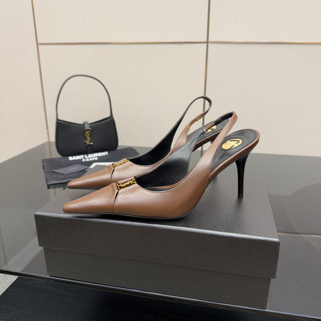 YSL 25S SLINGBACK HIGH HEELS 90 MM IN CHESTNUT BROWN LAMBSKIN WITH GOLD HARDWARE STYLE 1
