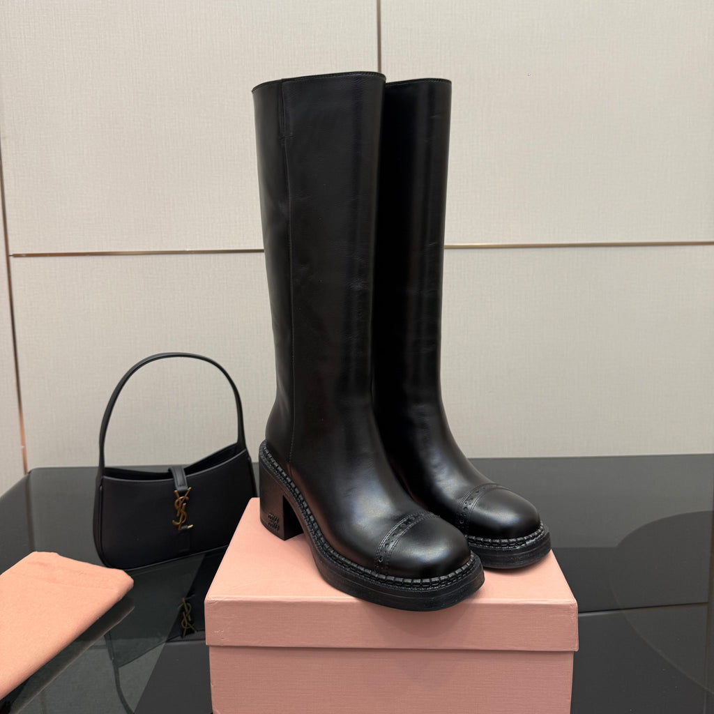 MIUMIU 25S KNEE-HIGH BOOTS IN BLACK CALFSKIN