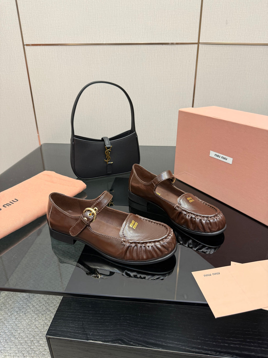 MIUMIU 25S LOAFERS WITH STRAP IN DARK BROWN LAMBSKIN