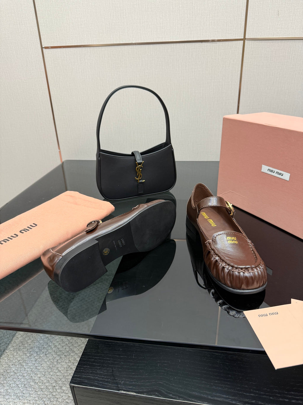 MIUMIU 25S LOAFERS WITH STRAP IN DARK BROWN LAMBSKIN