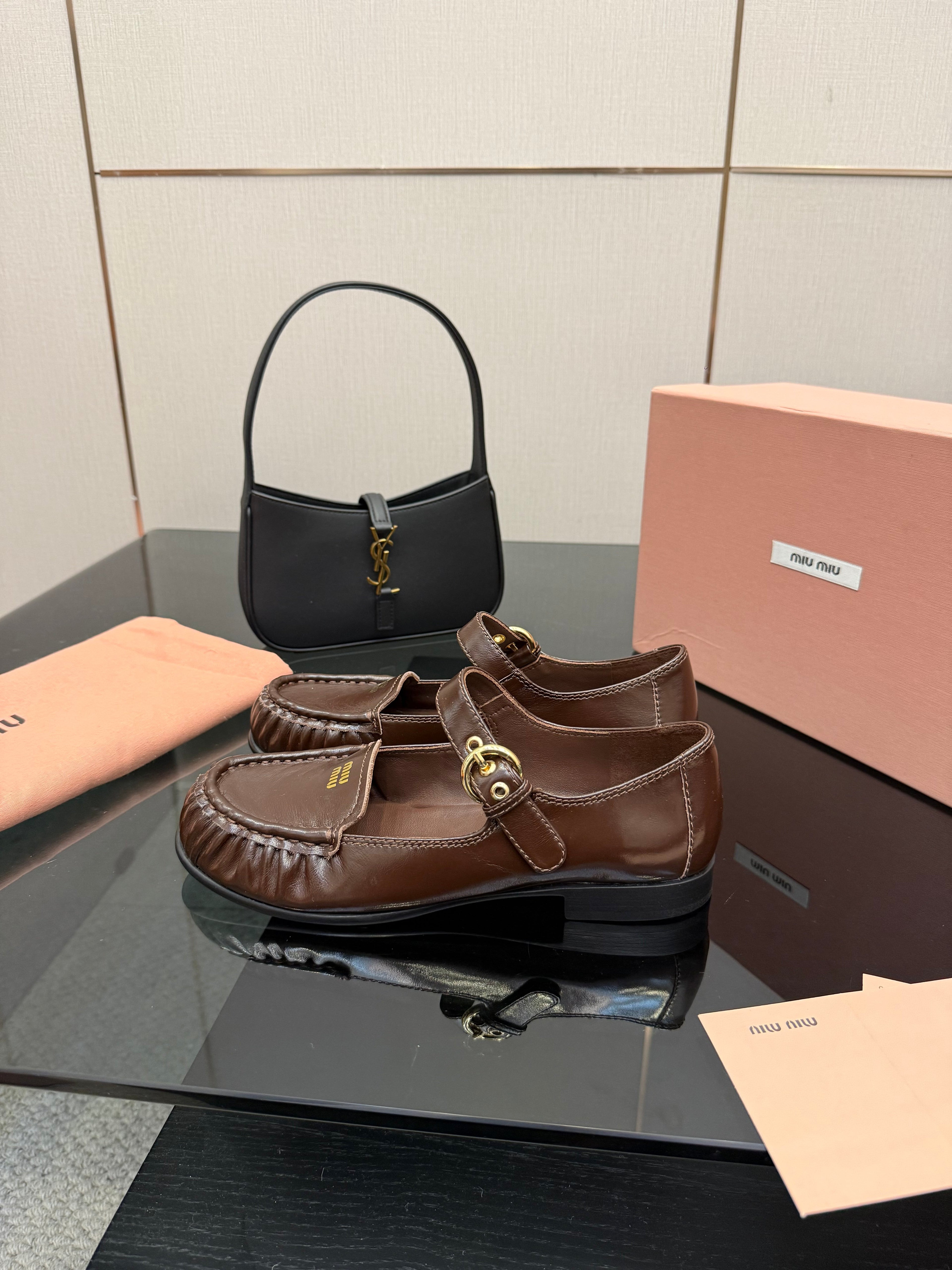 MIUMIU 25S LOAFERS WITH STRAP IN DARK BROWN LAMBSKIN
