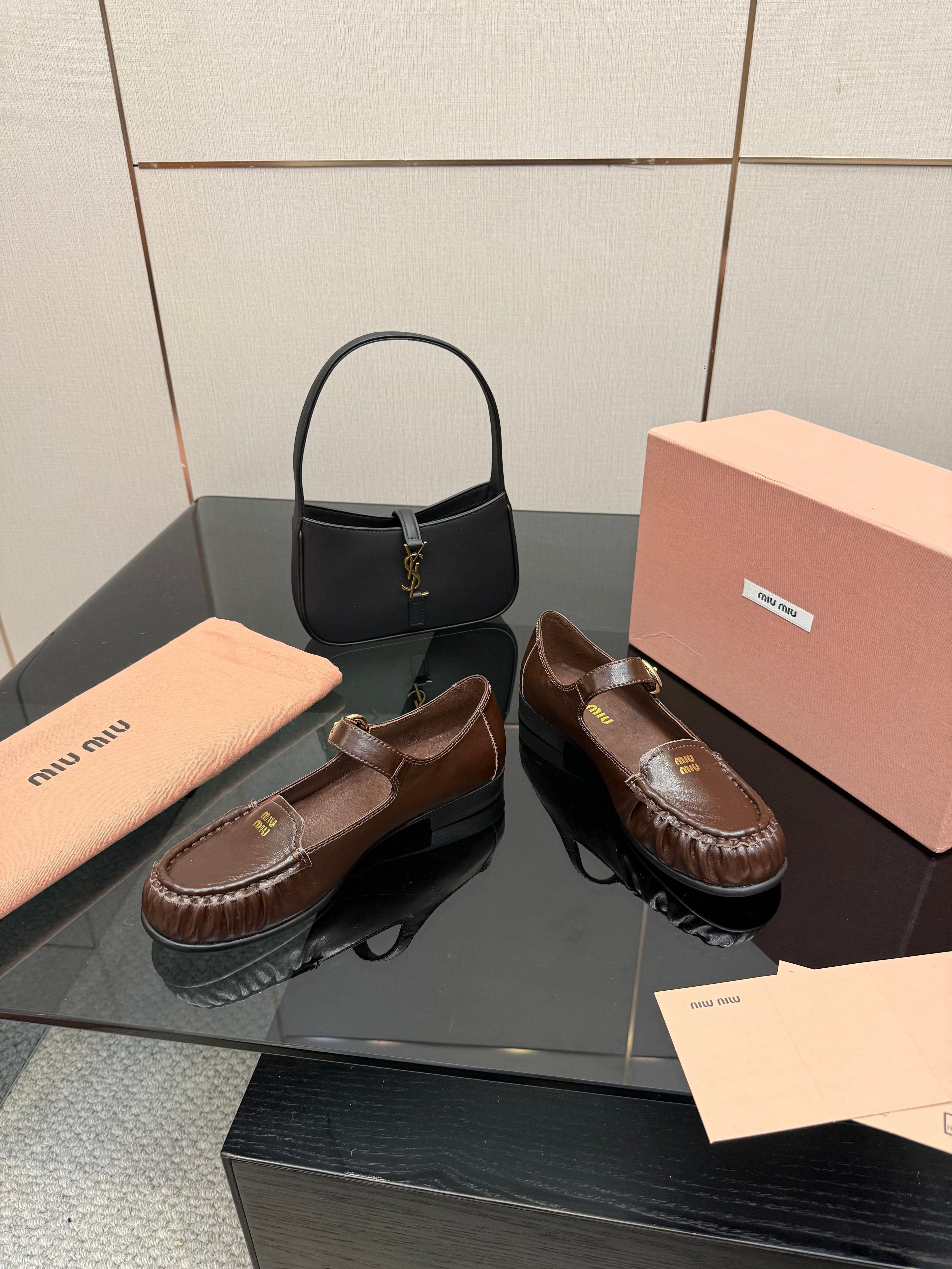 MIUMIU 25S LOAFERS WITH STRAP IN DARK BROWN LAMBSKIN