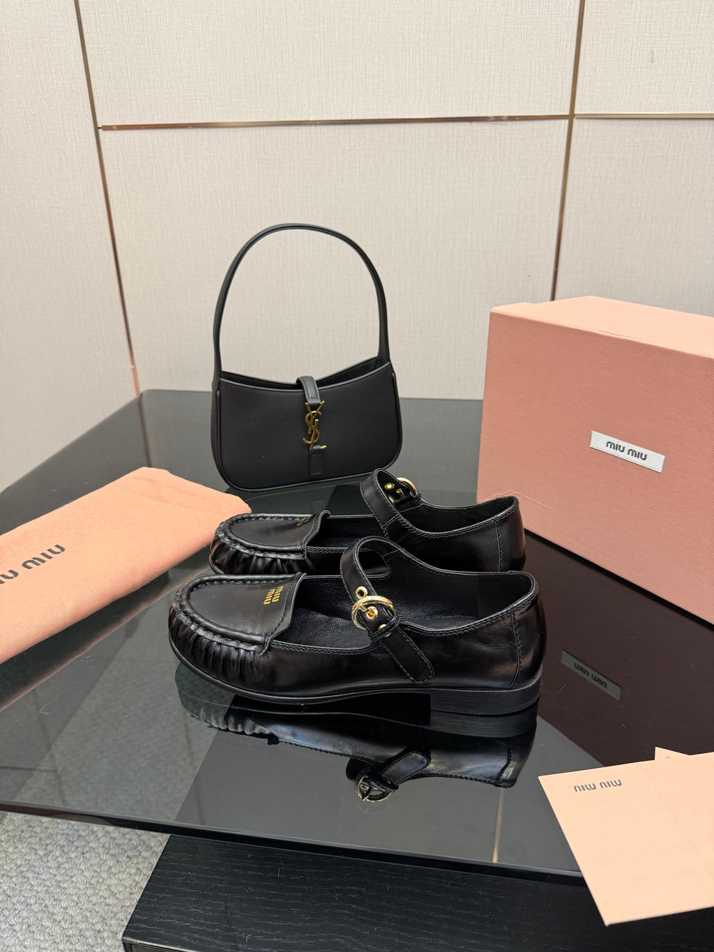 MIUMIU 25S LOAFERS WITH STRAP IN BLACK LAMBSKIN