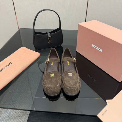 MIUMIU 25S LOAFERS WITH STRAP IN DARK BROWN SUEDE