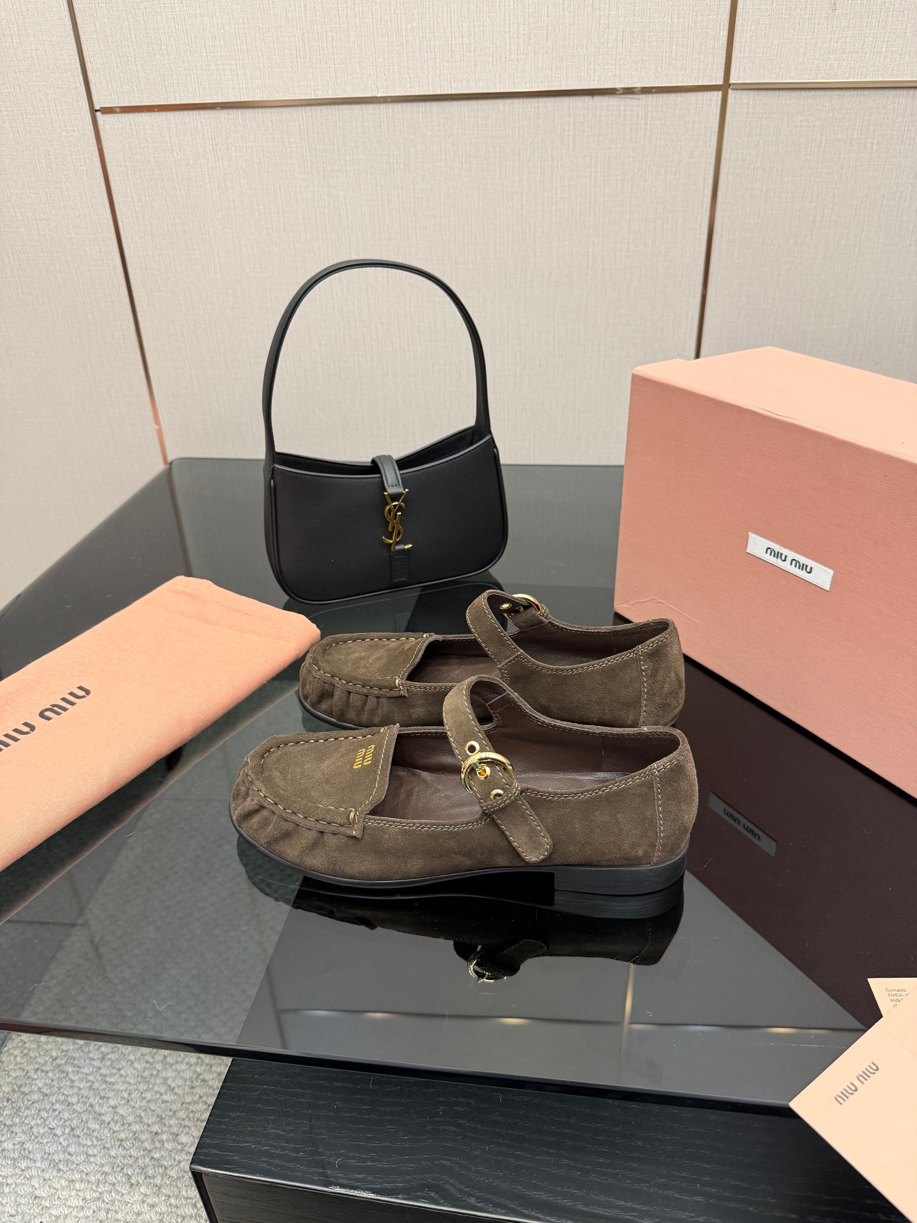 MIUMIU 25S LOAFERS WITH STRAP IN DARK BROWN SUEDE