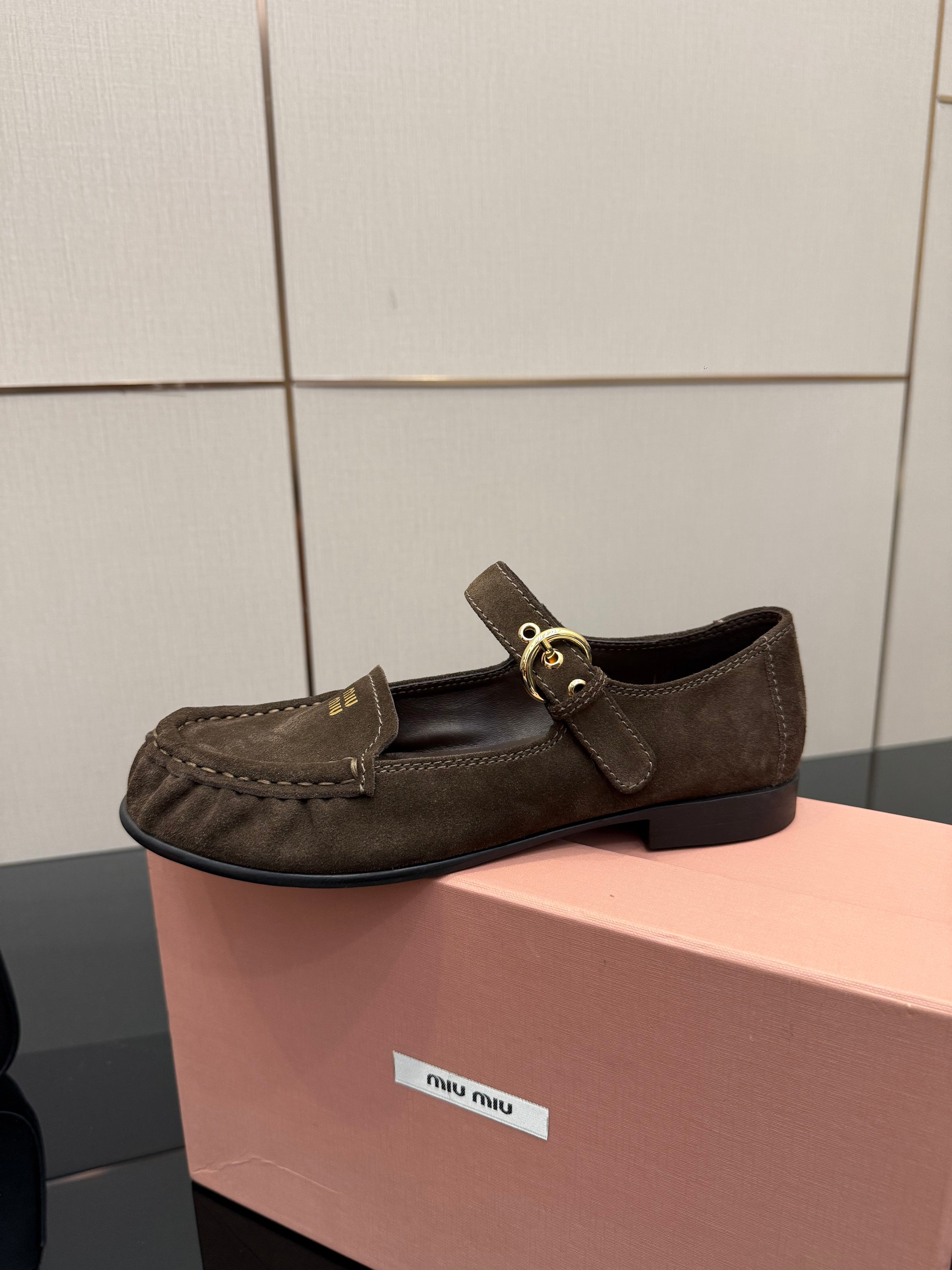 MIUMIU 25S LOAFERS WITH STRAP IN DARK BROWN SUEDE