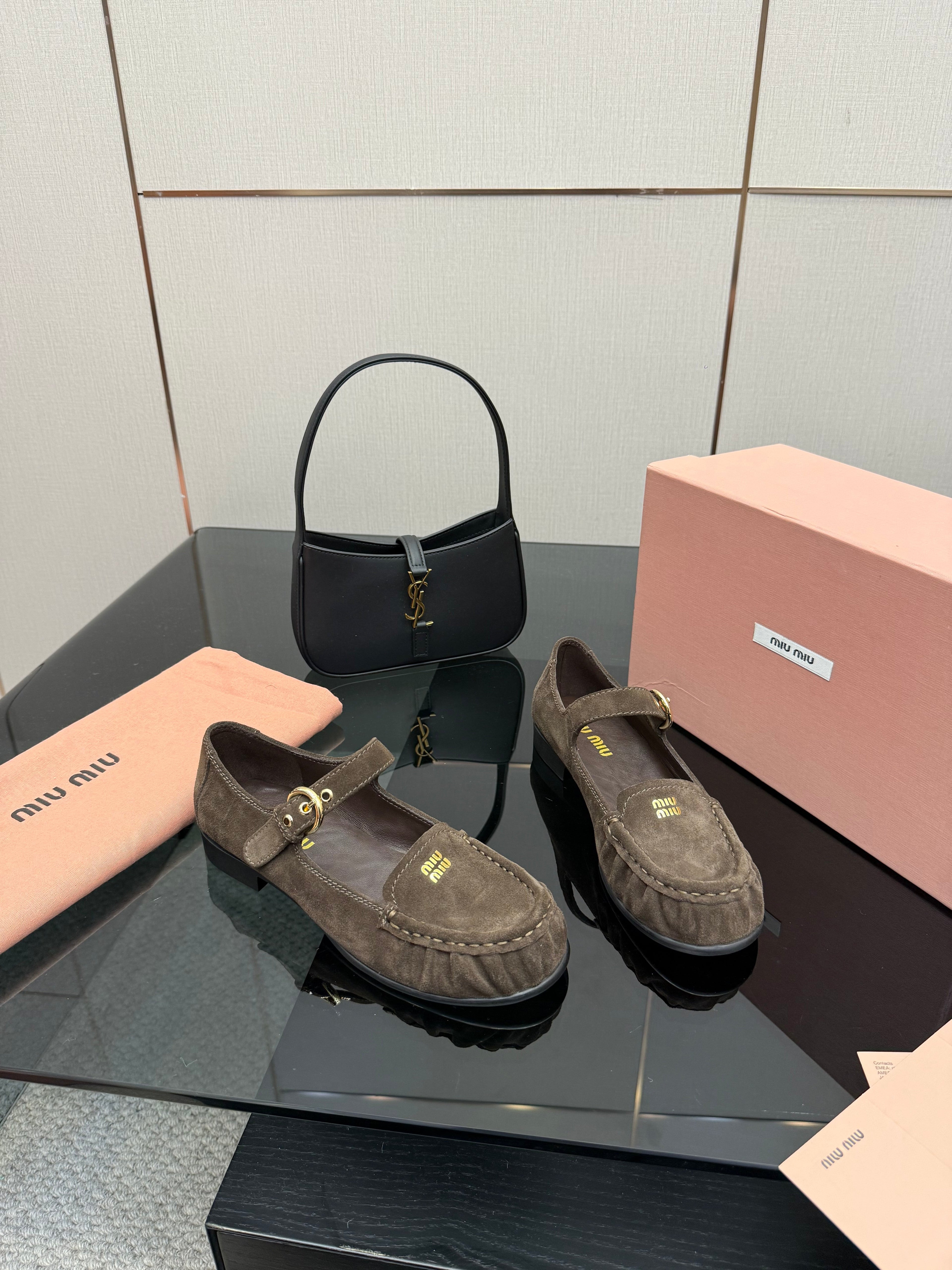 MIUMIU 25S LOAFERS WITH STRAP IN DARK BROWN SUEDE