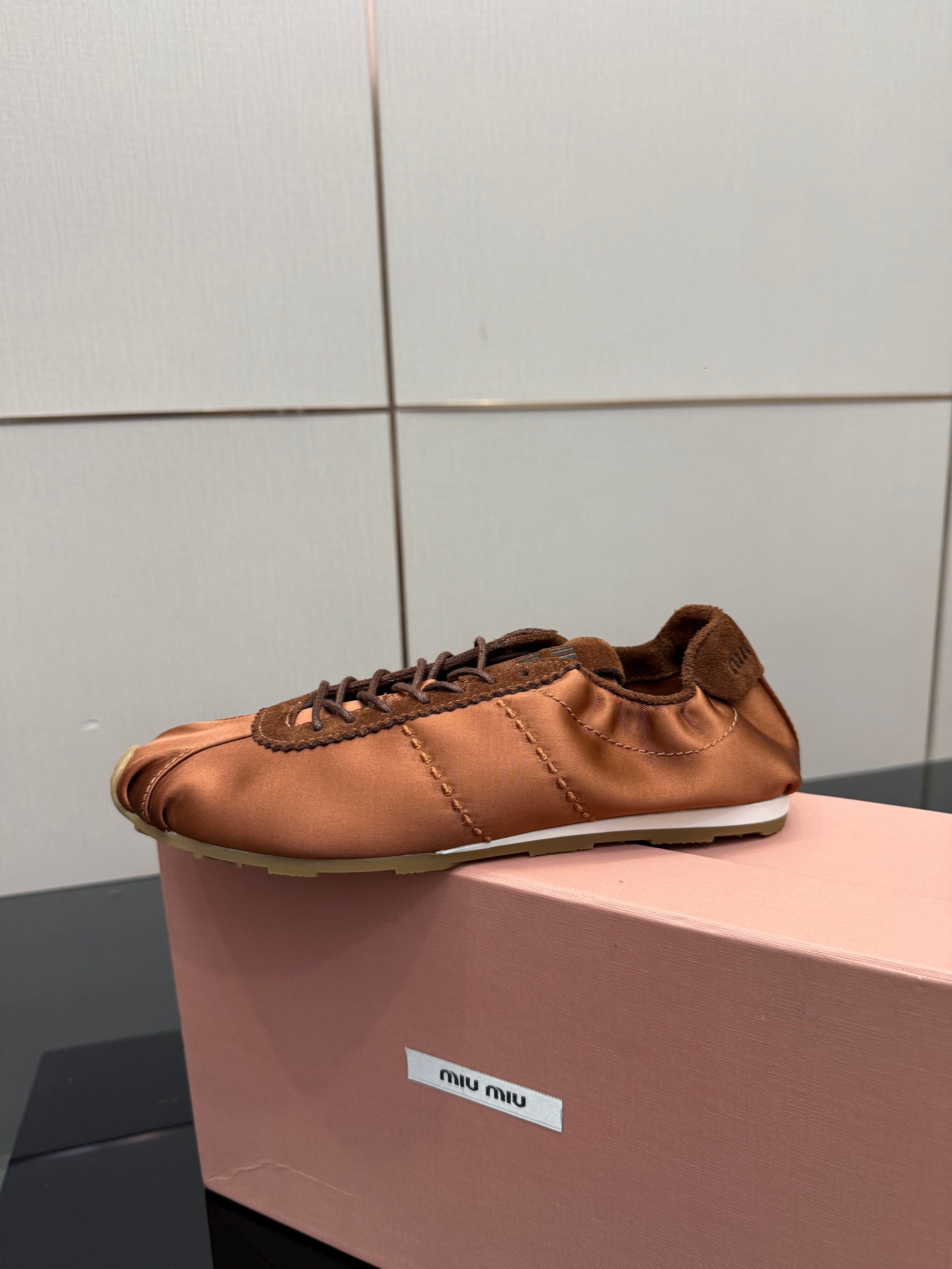 MIUMIU 25S SNEAKERS IN COCOA BROWN PLUME SATIN