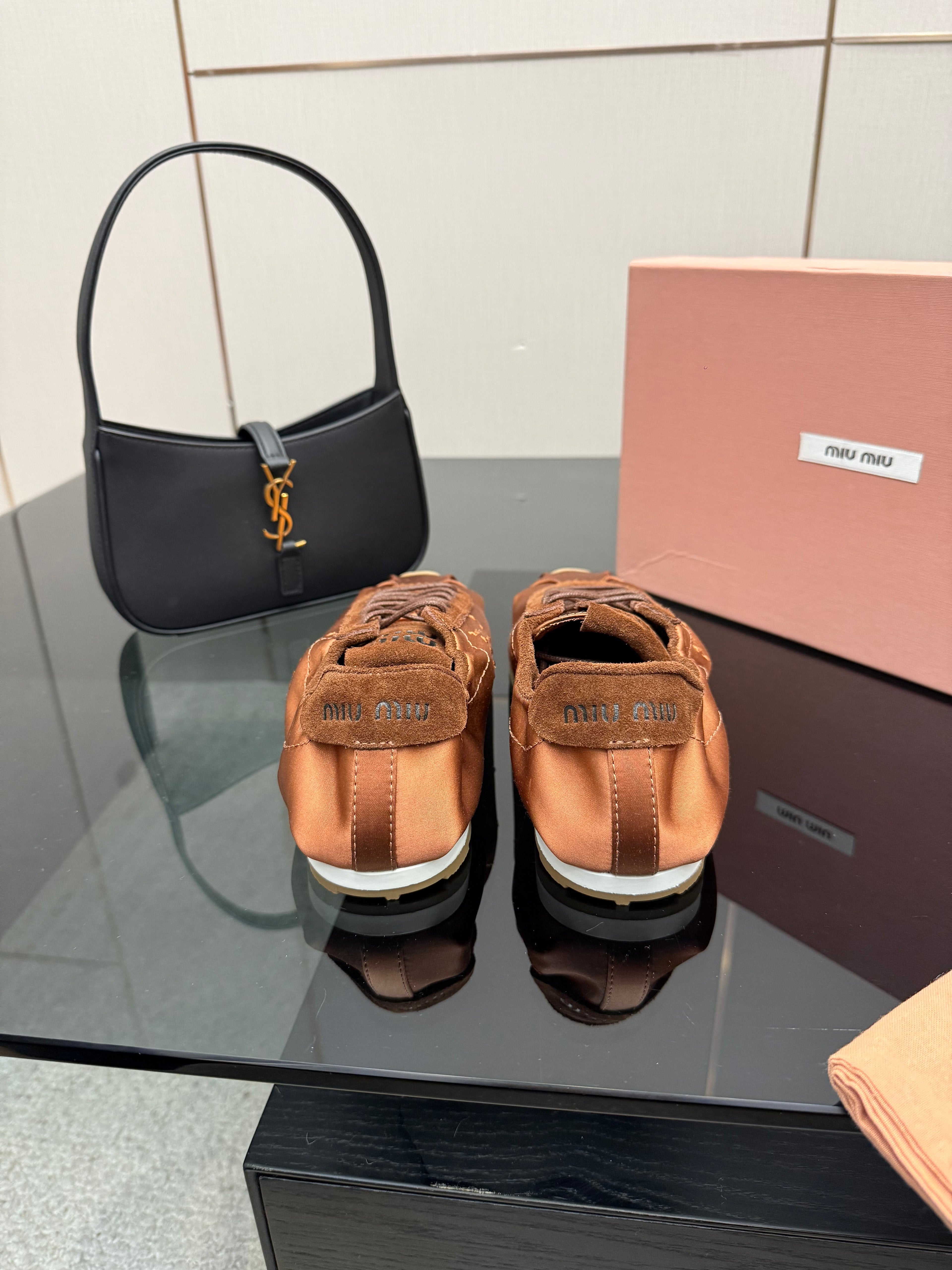 MIUMIU 25S SNEAKERS IN COCOA BROWN PLUME SATIN