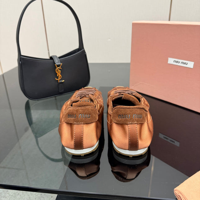 MIUMIU 25S SNEAKERS IN COCOA BROWN PLUME SATIN