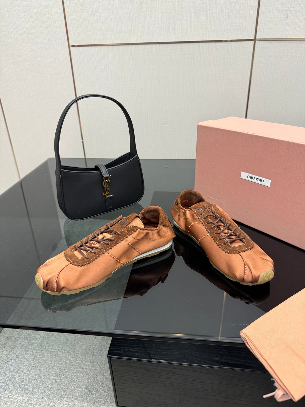 MIUMIU 25S SNEAKERS IN COCOA BROWN PLUME SATIN