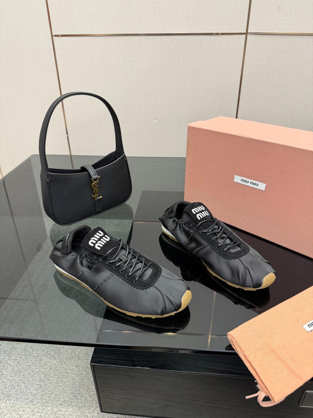 MIUMIU 25S SNEAKERS IN BLACK PLUME SATIN
