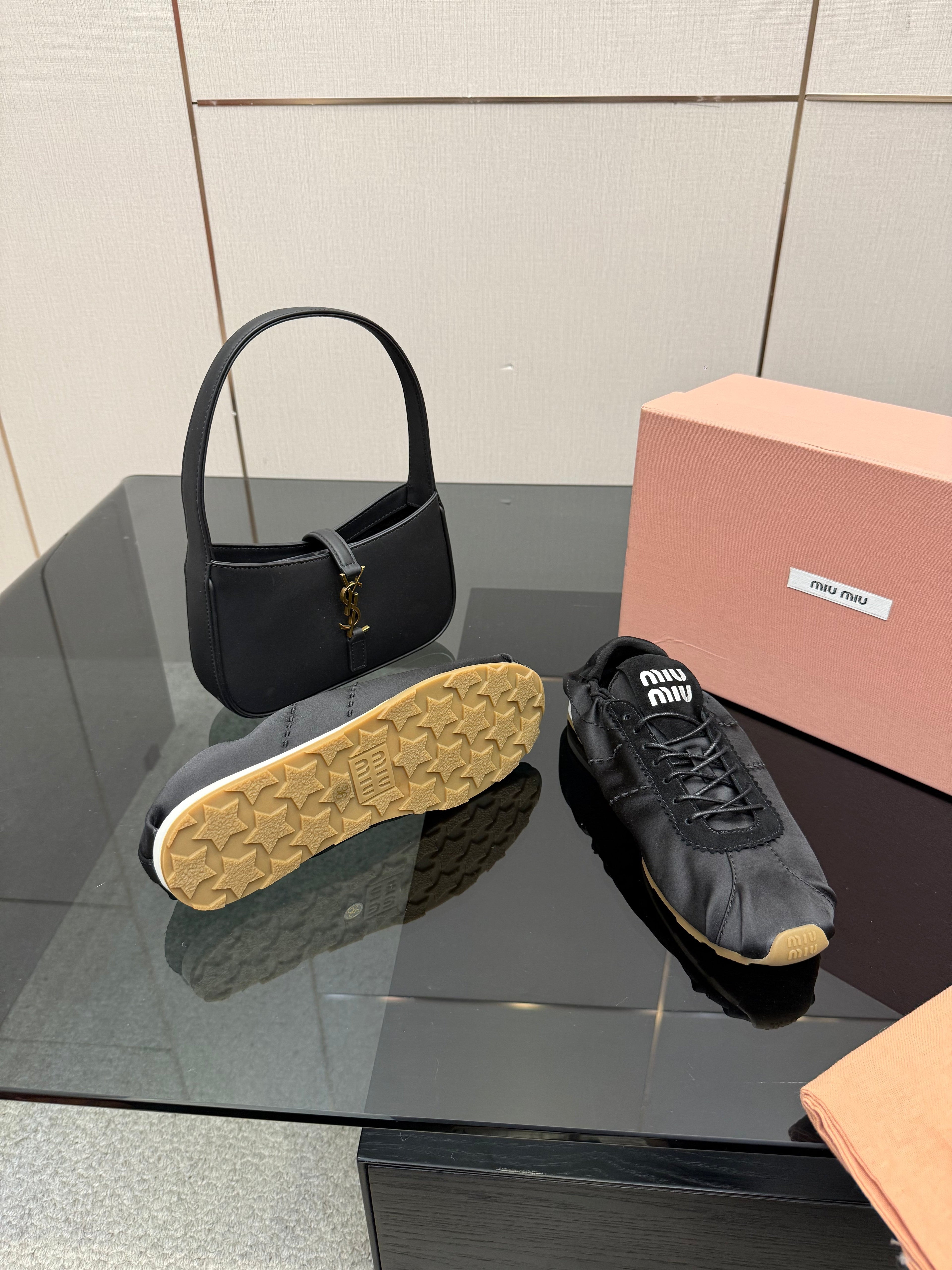 MIUMIU 25S SNEAKERS IN BLACK PLUME SATIN