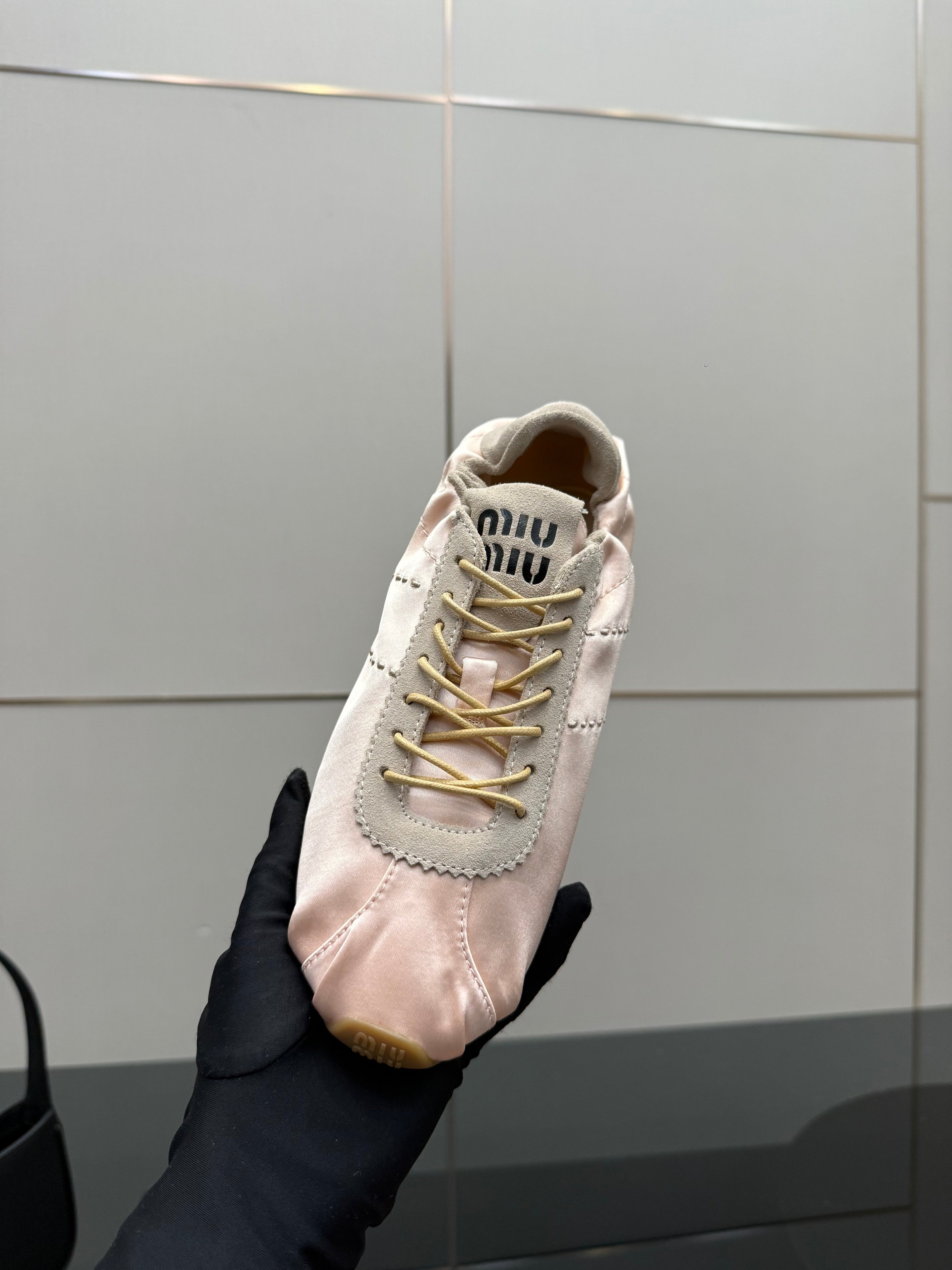 MIUMIU 25S SNEAKERS IN POWDER PINK PLUME SATIN