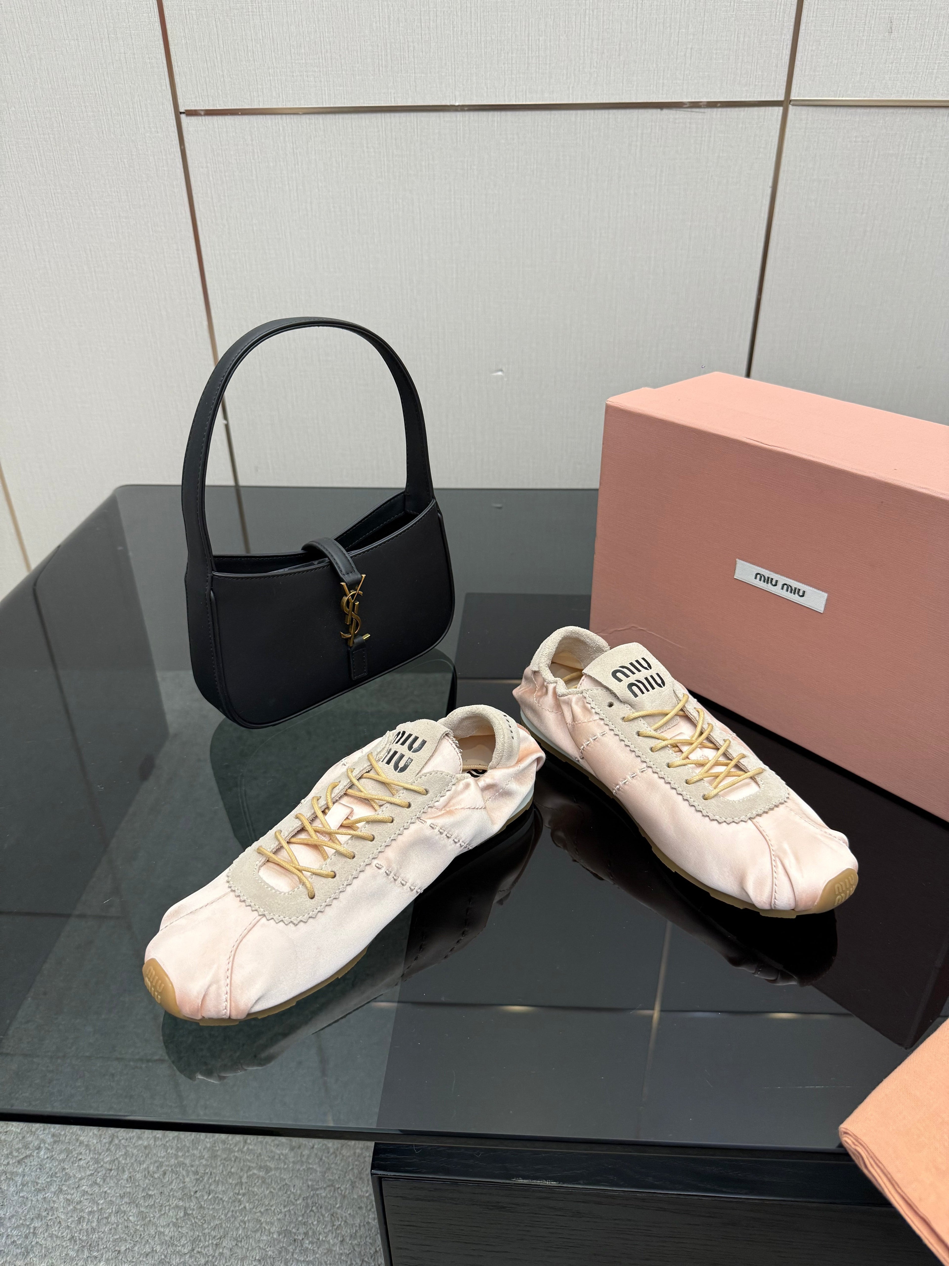 MIUMIU 25S SNEAKERS IN POWDER PINK PLUME SATIN