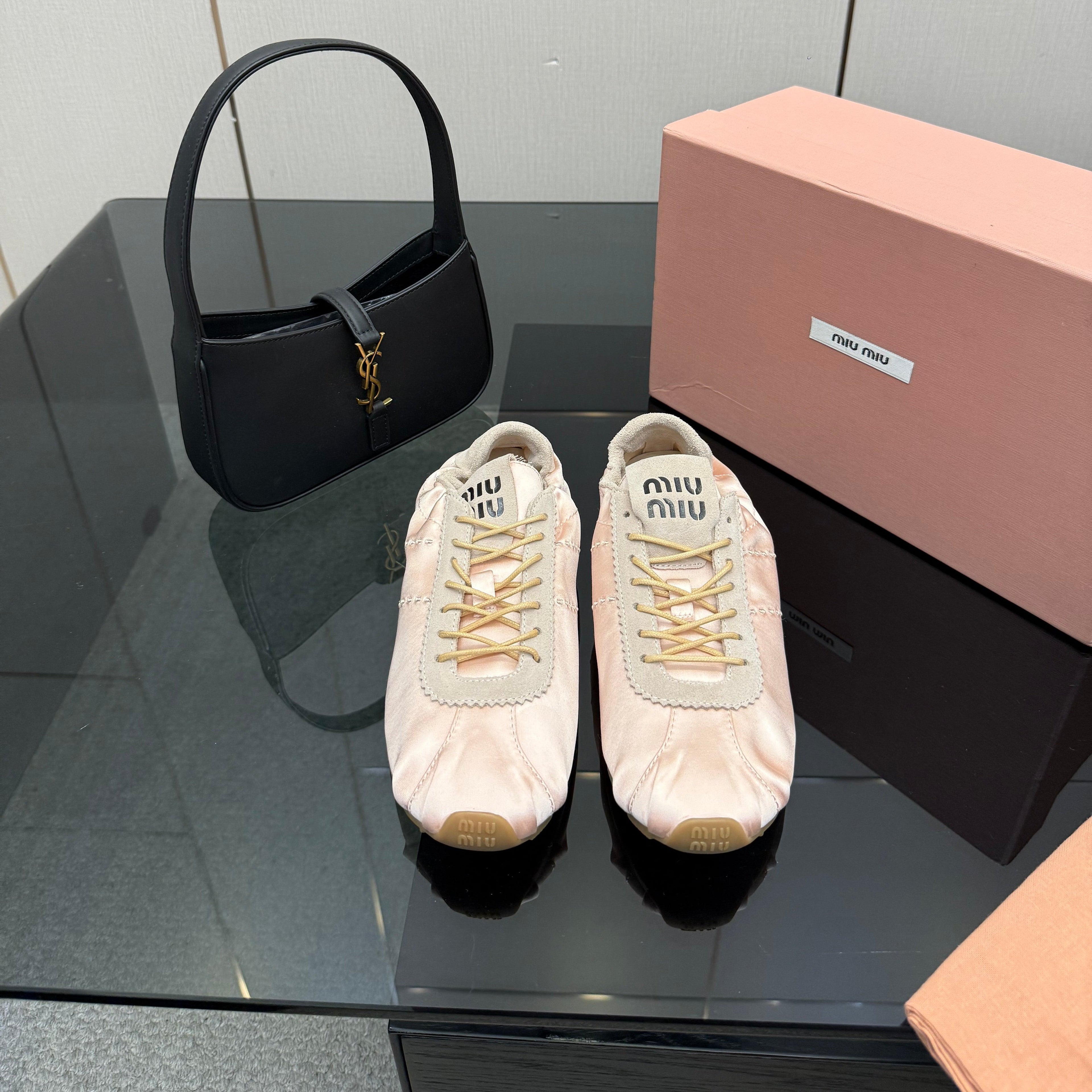 MIUMIU 25S SNEAKERS IN POWDER PINK PLUME SATIN