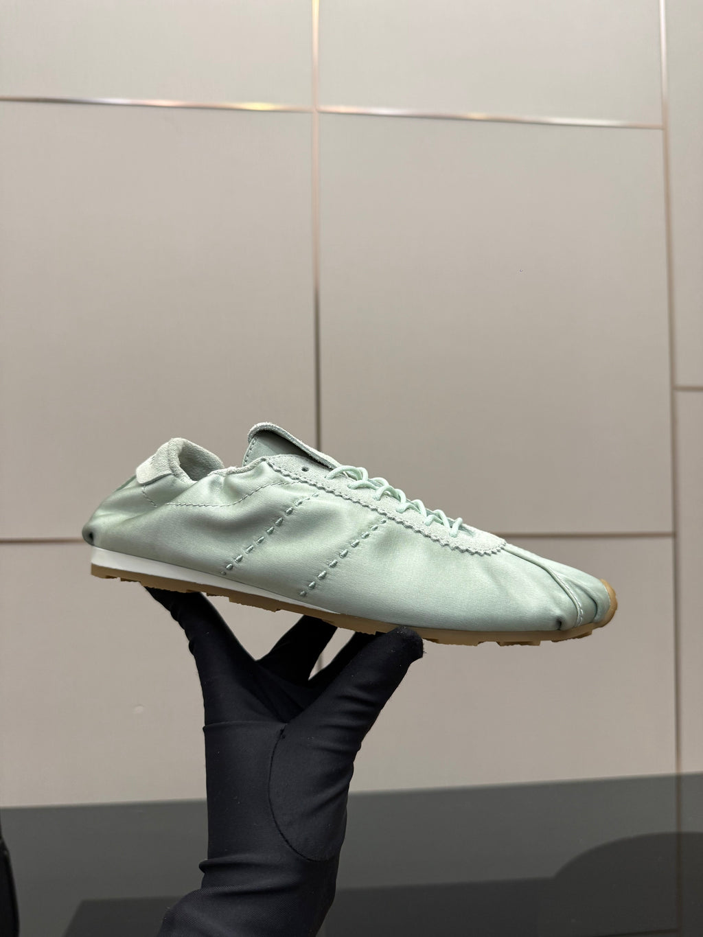 MIUMIU 25S SNEAKERS IN POWDER BLUE PLUME SATIN