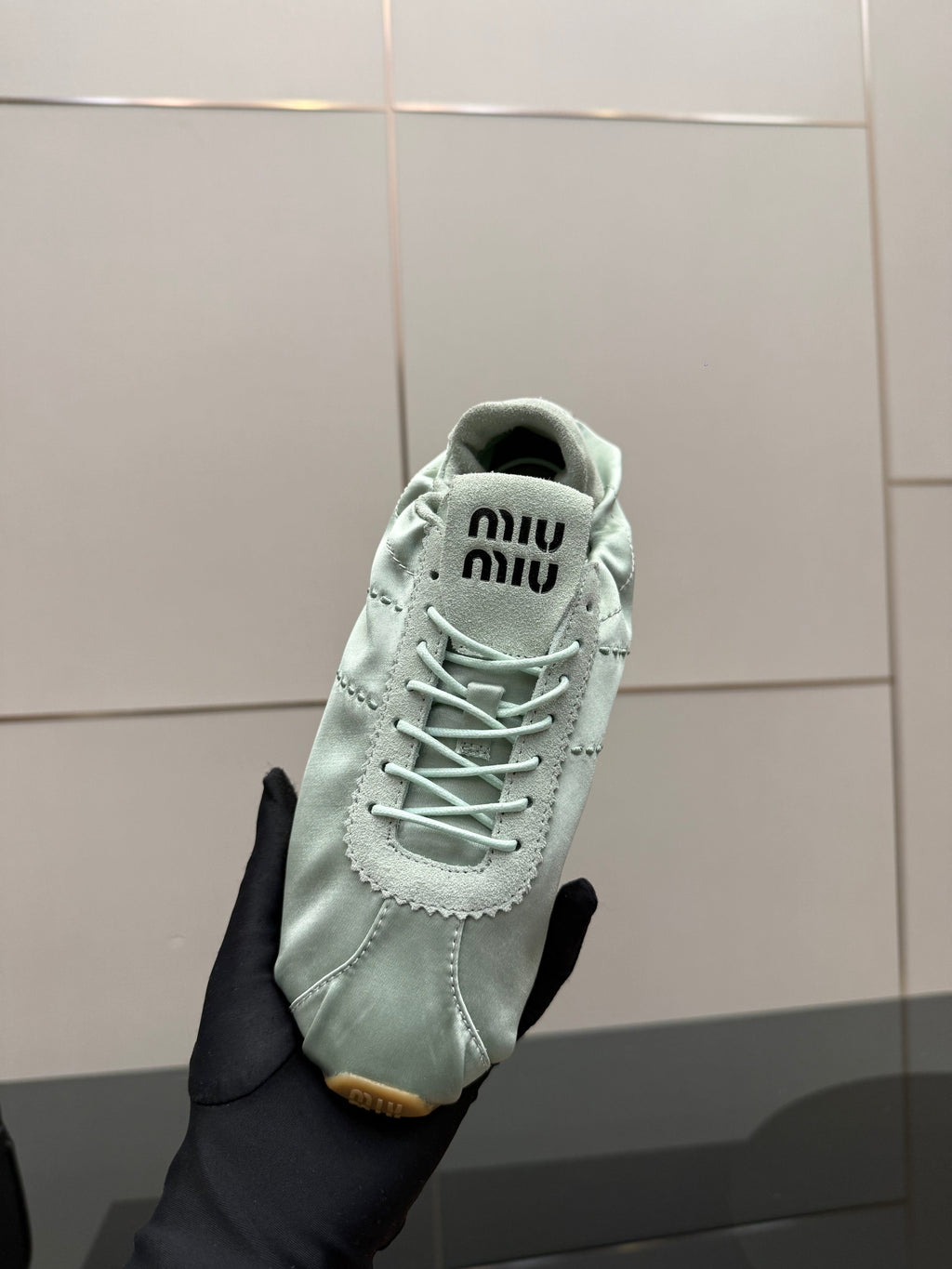 MIUMIU 25S SNEAKERS IN POWDER BLUE PLUME SATIN