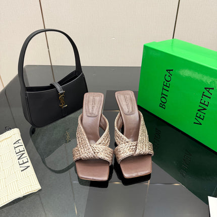 BOTTEGA VENETA 26S HEELED SANDALS 95 MM IN DARK BROWN CALFSKIN AND RAFFIA