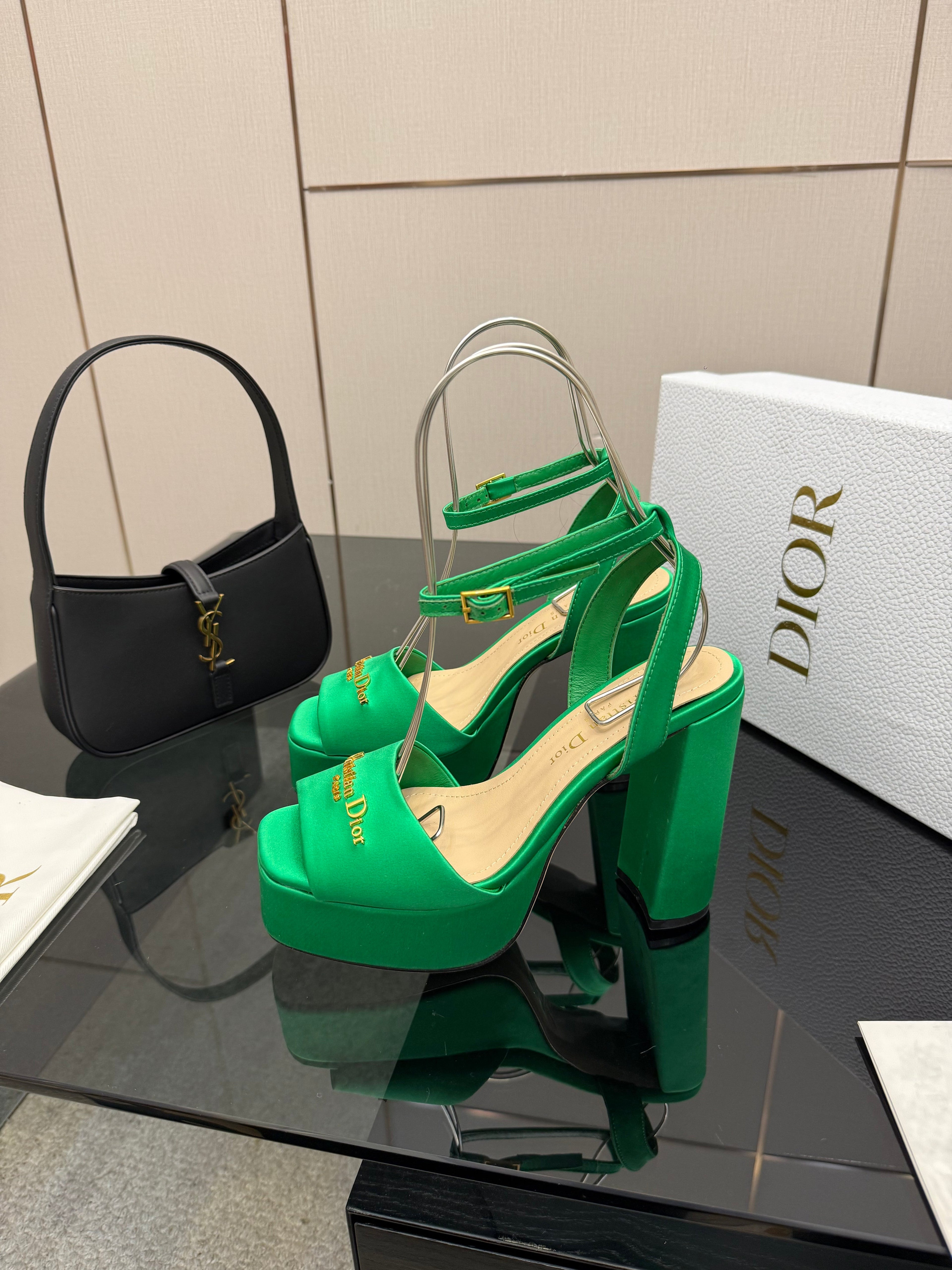 DIOR 26S HIGH HEEL SANDALS 120 MM IN GREEN SATIN