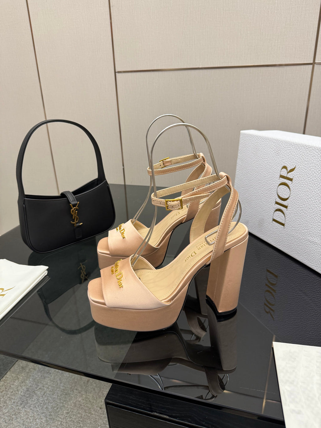 DIOR 26S HIGH HEEL SANDALS 120 MM IN NUDE BEIGE SATIN