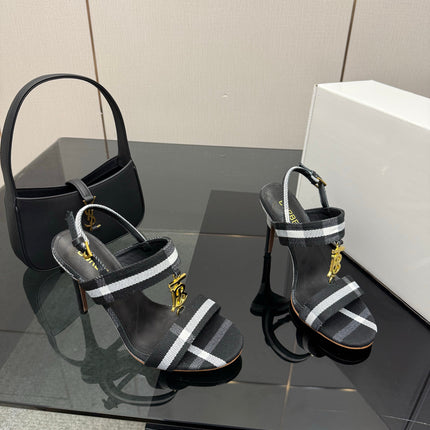 BURBERRY 26S HIGH-HEELED SANDALS 100 MM IN BLACK AND WHITE STRIPES FABRIC