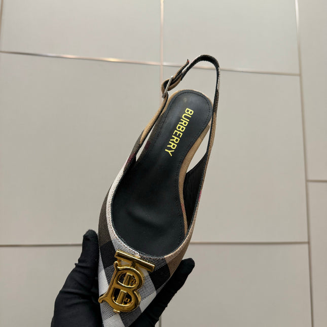 BURBERRY 26S SLINGBACK HEELS 85 MM IN STRIPED COLOR COORDINATION FABRIC WITH GOLD HARDWARE STYLE 6