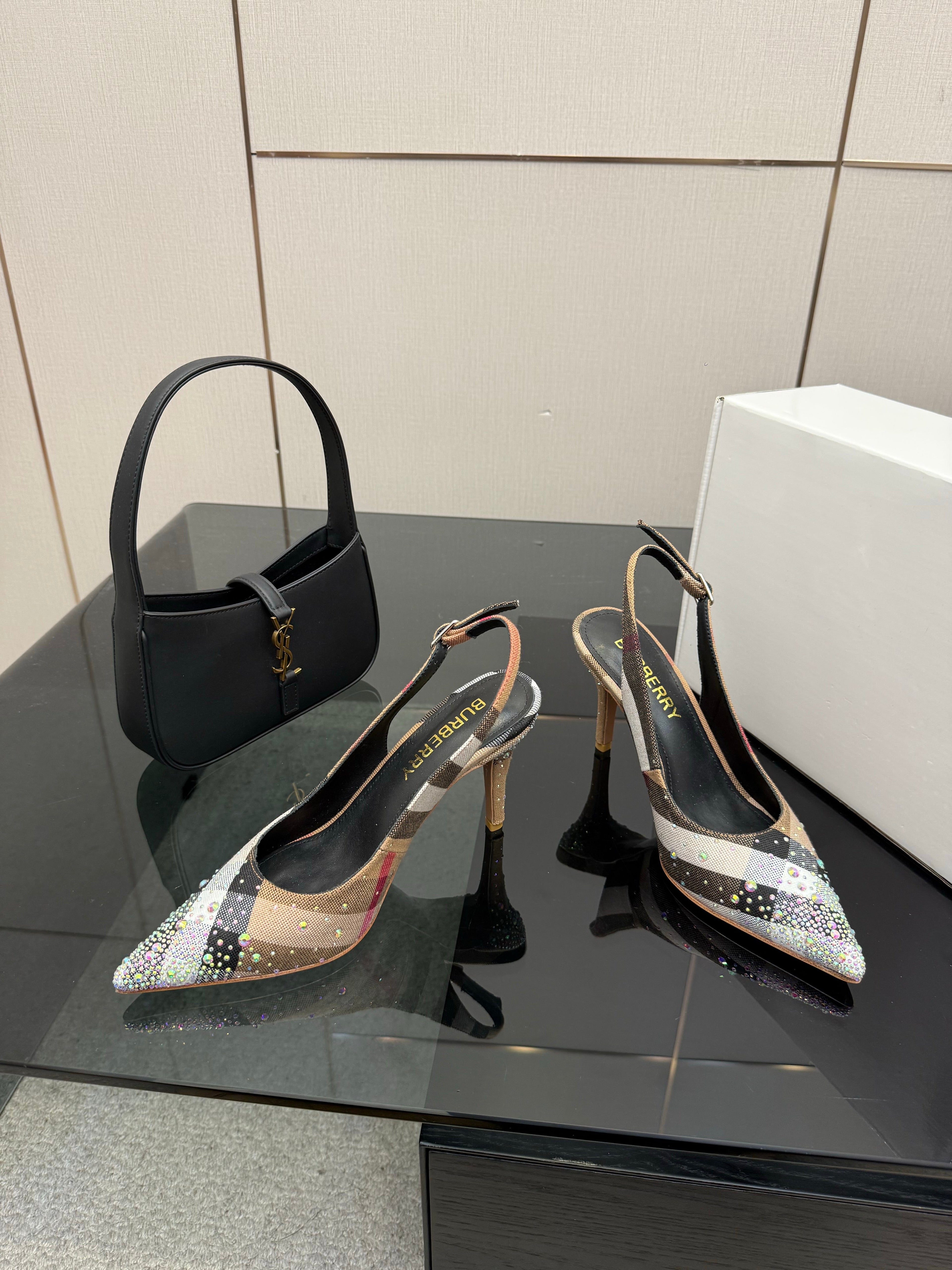 BURBERRY 26S SLINGBACK HEELS 85 MM IN STRIPED COLOR COORDINATION FABRIC