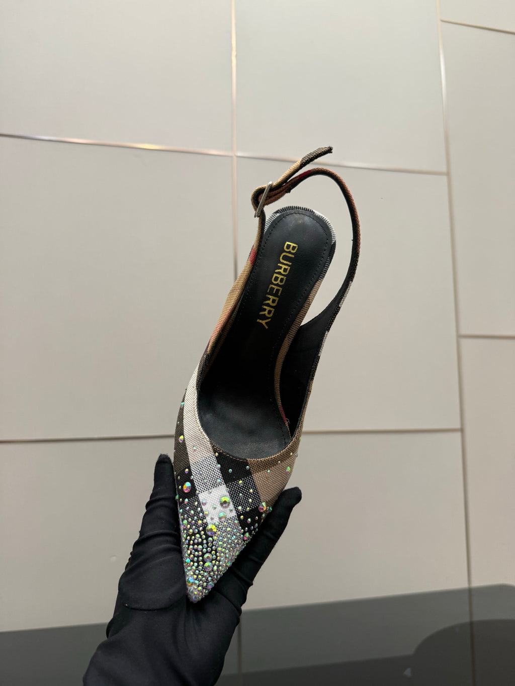 BURBERRY 26S SLINGBACK HEELS 85 MM IN STRIPED COLOR COORDINATION FABRIC