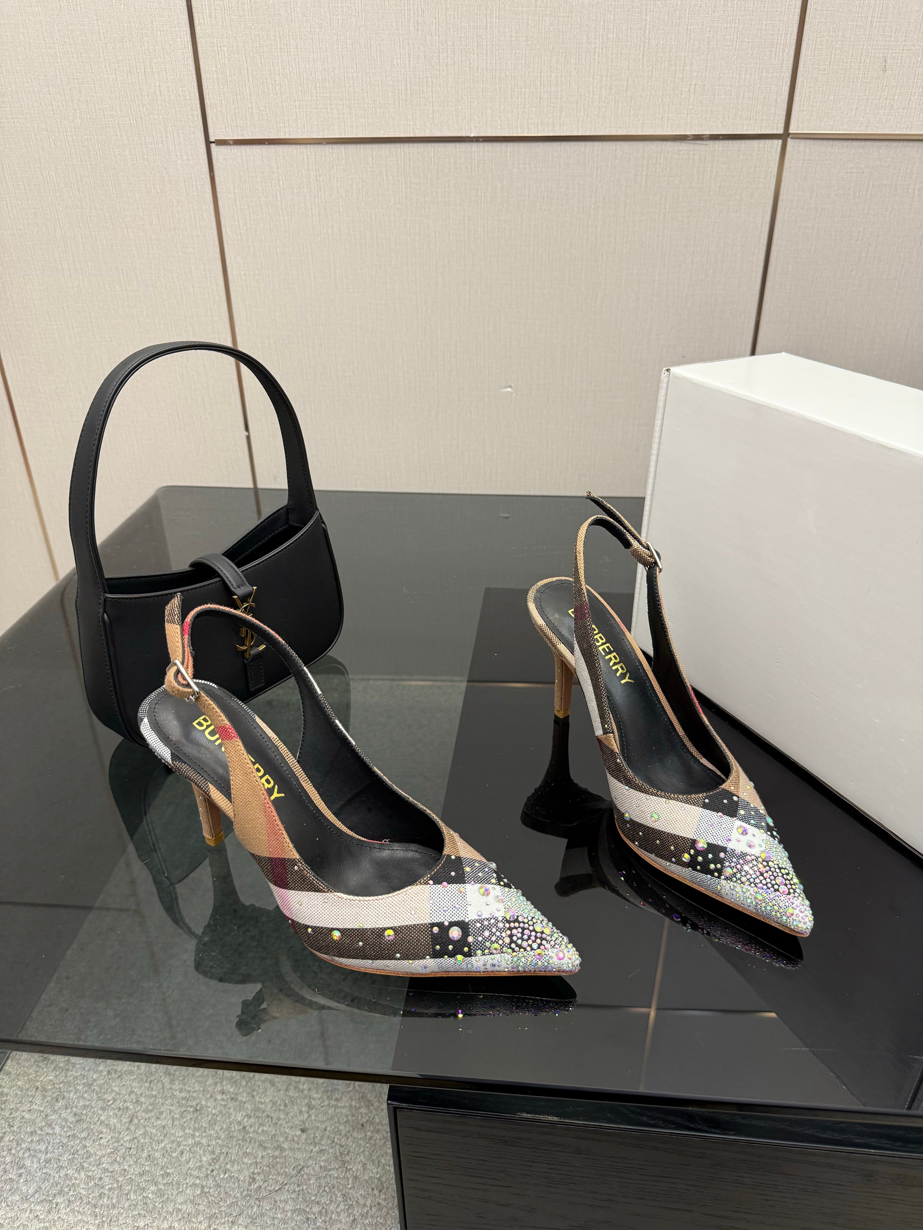 BURBERRY 26S SLINGBACK HEELS 85 MM IN STRIPED COLOR COORDINATION FABRIC