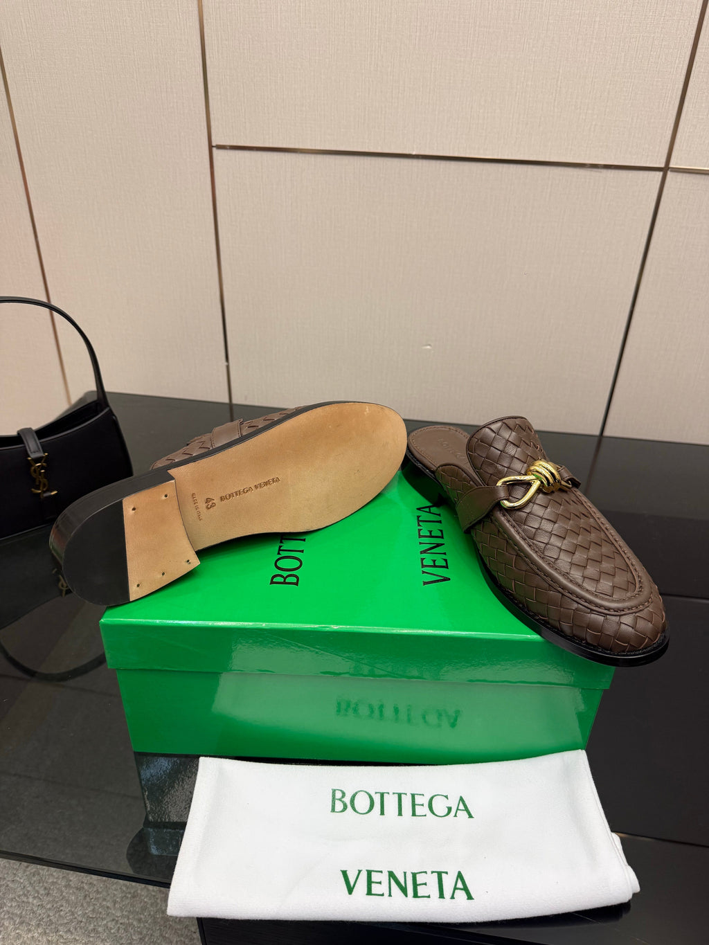 BOTTEGA VENETA 26S BACKLESS LOAFERS IN BROWN TECHNICAL WOVEN CALFSKIN