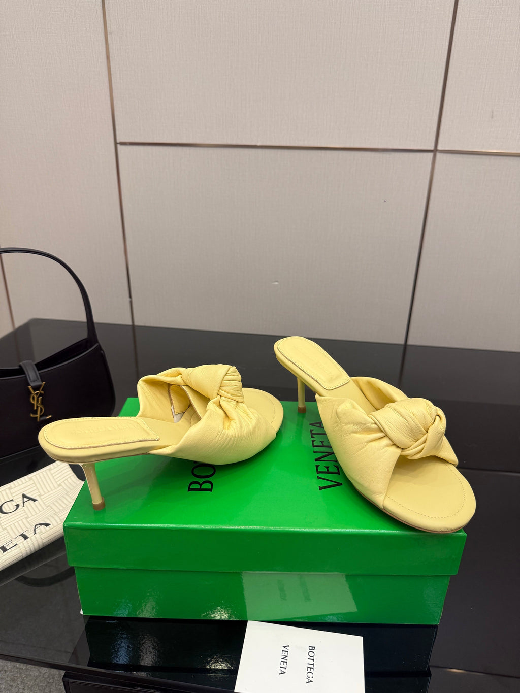 BOTTEGA VENETA 26S KNOT-STRAP HIGH-HEEL SANDALS IN YELLOW LAMBSKIN