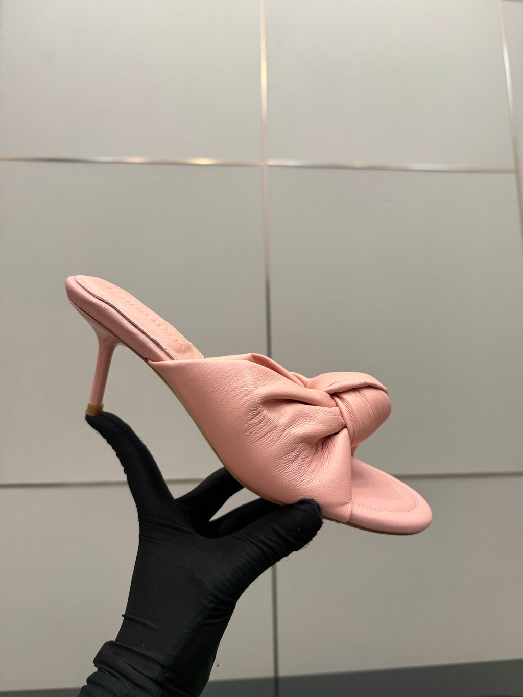 BOTTEGA VENETA 26S KNOT-STRAP HIGH-HEEL SANDALS IN PASTEL PINK LAMBSKIN