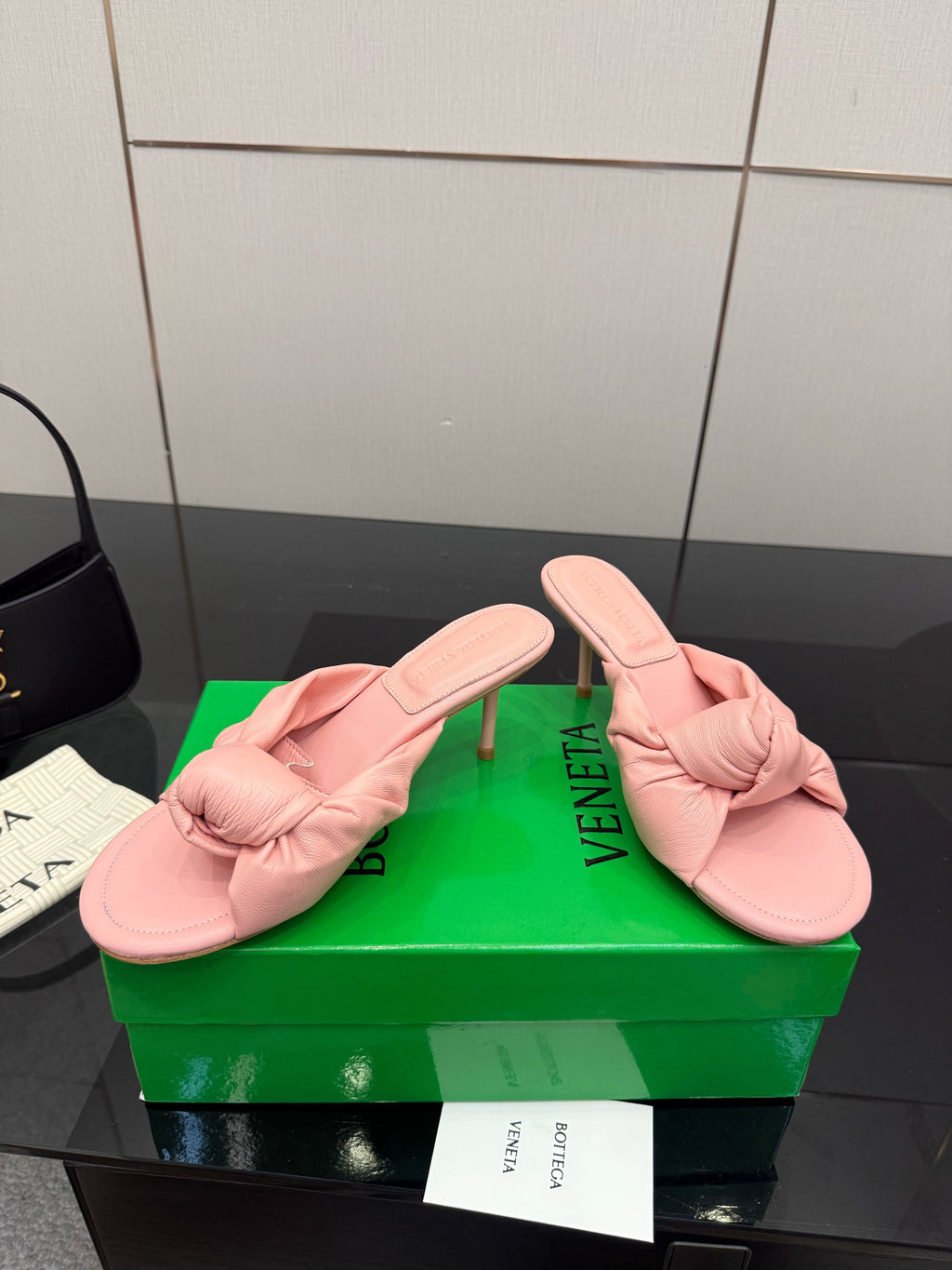 BOTTEGA VENETA 26S KNOT-STRAP HIGH-HEEL SANDALS IN PASTEL PINK LAMBSKIN