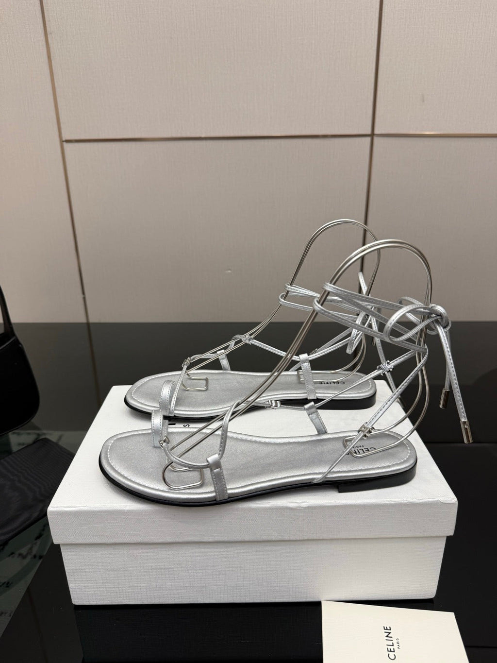 CELINE 26S TRIOMPHE LACE UP FLAT SANDALS IN SILVER CALFSKIN